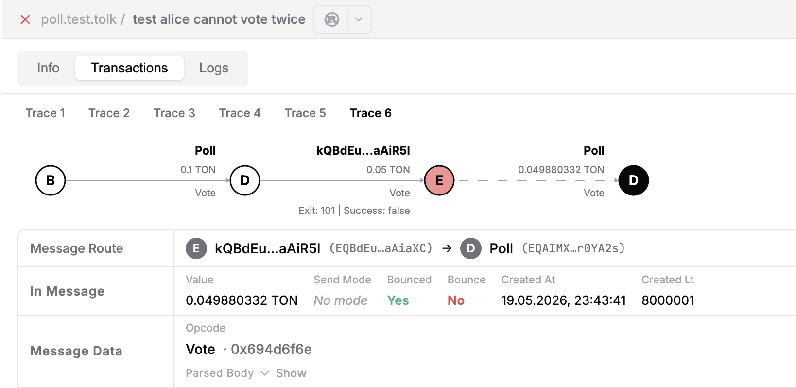 Test UI transactions tab showing the failed duplicate vote trace and bounced message in light theme